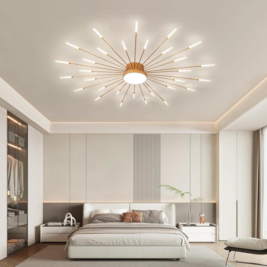 JAYMP Ceiling Light Modern Flower Shape Ceiling Lamp for Living Room Dining Room Flush Mount Metal Acrylic Sputnik Firework Petal LED Lighting Fixture (Matte Gold, 30+1 Lights)