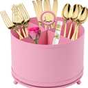 360Rotating Metal Utensil Caddy 4 Compartment Silverware Cutlery Holder Fork Spoon Napkin Organizer Flatware holder with Handle For Picnic Camping Party - Pink