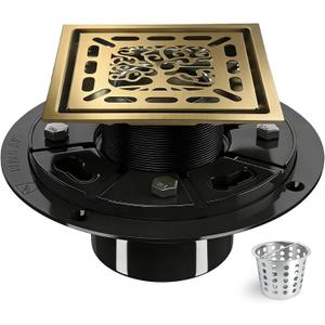 4 Inch Shower Drain, Square Shower Floor Drain Kit with Flange and Removable Cover Grate, AISI 304 Stainless Steel, Brushed Gold