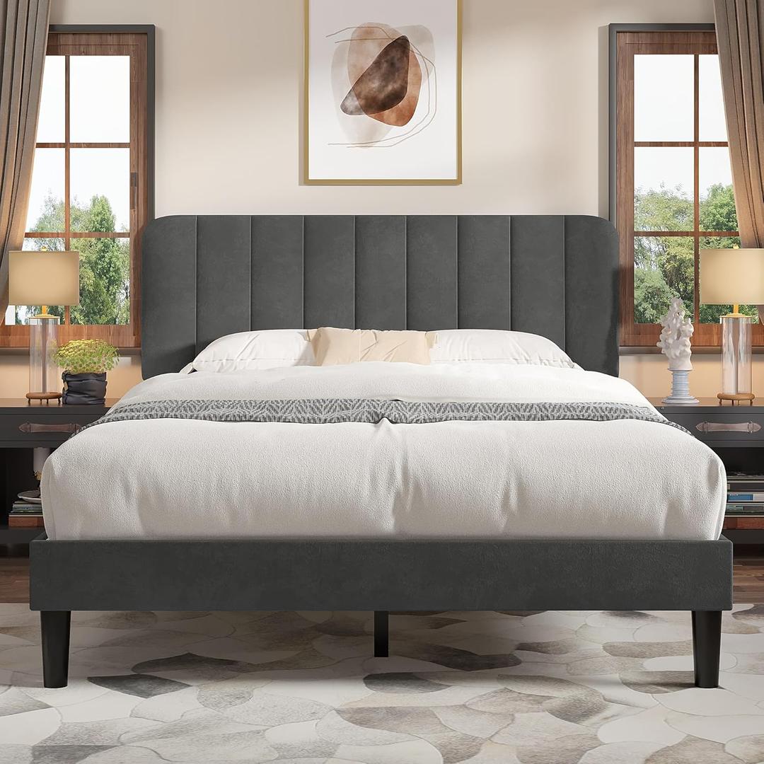 VECELO Queen Size Bed Frame with Upholstered Headboard, Velvet Platform Bedframe Mattress Foundation, Strong Wood Slat Support, No Box Spring Needed, Grey