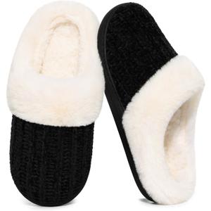 Evshine Warm Knit House Slippers for Women Comfy Wool-Like Lined Chenille Slippers with Memory Foam and Indoor Outdoor Soles (8-8.5, Black)
