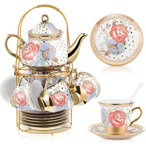 Zhehao 20 Pcs Porcelain Tea Set with Metal Holder and Spoon Adult Ceramic Tea Set European Flower Painting Teapot Cup Saucer Spoon for Women, Large Version(Romantic Style)