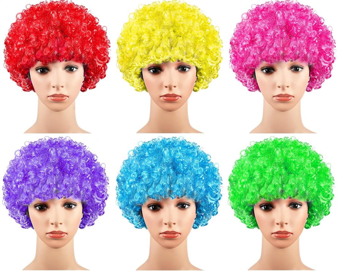 6 Pieces Neon Clown Wig Fluffy Colorful Afro Puff Wigs Synthetic 70s 80s 90s Cosplay for Adult Men Women Mardi Gras Costume Party Favors (Stylish Colors)
