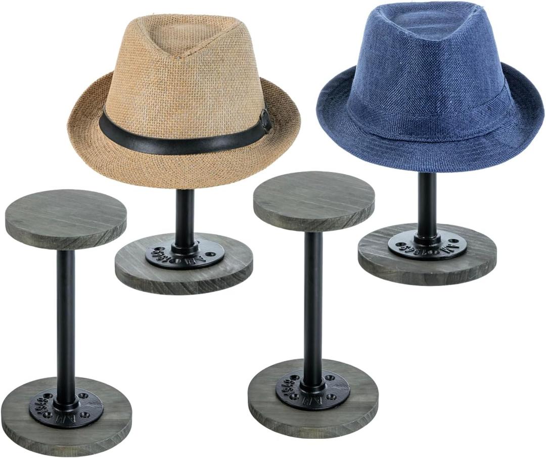 MyGift 4 Pcs Tabletop Hat Rack Stand, Freestanding Cowboy Hat Holder Organizer, Baseball Cap Storage, Wig Helmet Display, Vintage Weathered Gray Wood and Industrial Matte Black Metal Pipe (Medium, 4 Pack)