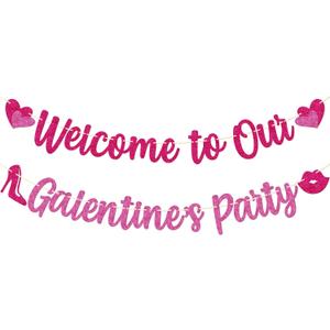 Happy Galentines Day Banner - Welcome to Our Galentine's Party Banner - Galentines Night Decorations - Valentines Day Welcome Sign - Pink Glitter