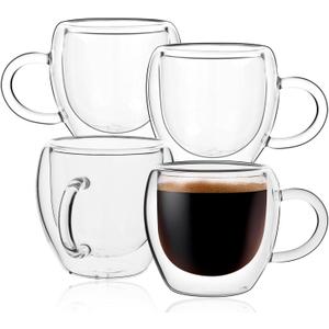 Espresso Cups Set of 4 with Handle, 2.5oz Expresso Coffee Cup, Small Expresso Shot Glasses, Clear Double Wall Insulated Espresso Mugs,Tazas de Cafe Expreso, Suit for Espresso Machine Accessories