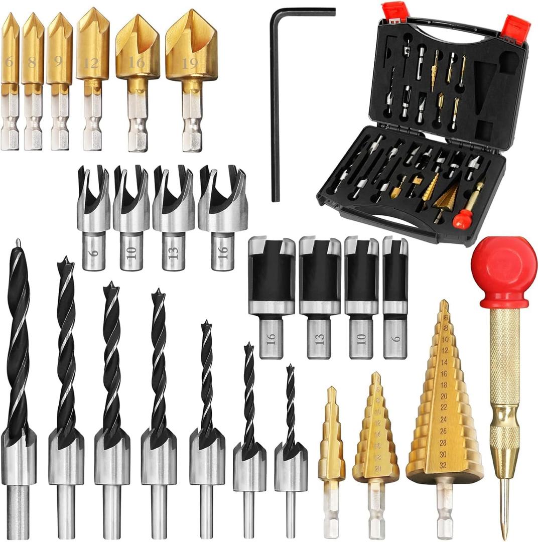 LAMPTOP 26-Pack Woodworking Tools and Accessories Including Countersink Drill Bits, 3-Pointed Countersink Drill Bit with L-Wrench, Wood Plug Cutter, Step Drill Bit, and Automatic Center Punch