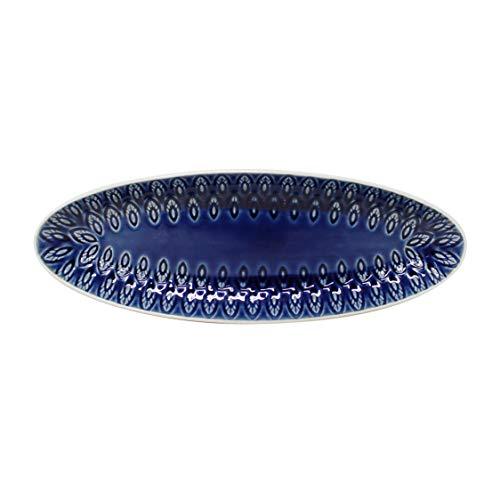 Euro Ceramica Peacock Collection Crackleglaze Serveware Trays, 13" Oval Appetizer Platter, Feather Geometric Pattern, Blue