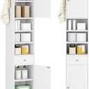 Hzuaneri Bathroom Cabinet with Adjustable Shelves & Door, Freestanding Tall Floor Storage Cabinet with Drawer - Narrow Toilet Paper Organizer for Bathroom, White BC29013G, 11"D x 11"W x 70.9"H
