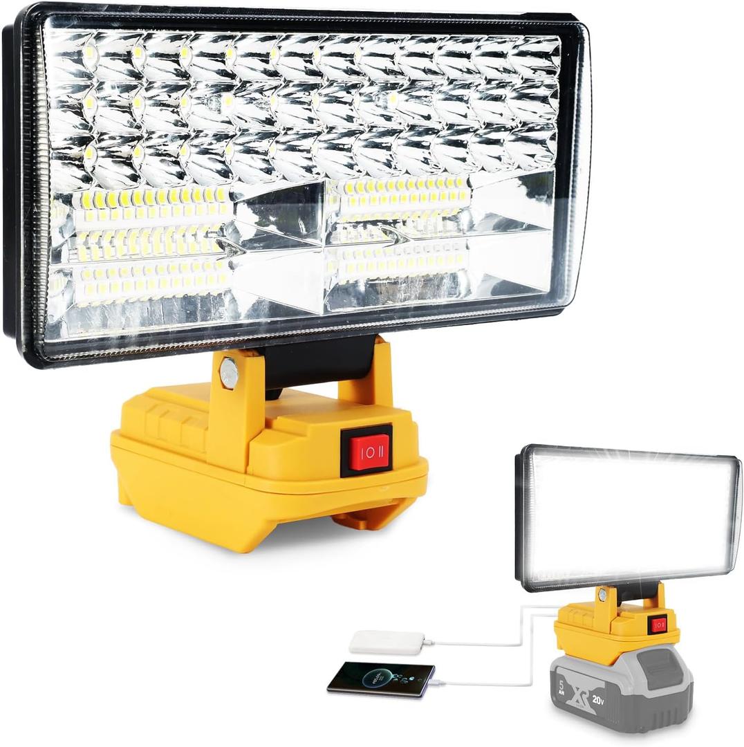 Cordless LED Work Light for Dewalt 20V Battery, 8" Portable LED Flood Light Flashlight, 2 Modes Brightness, 90W 9000LM, Low Voltage Protection, USB Charging Ports, for Work Camping Outdoor(No Battery)