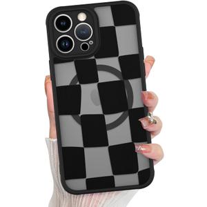 KANGHAR for iPhone 14 Pro Max Case Checkered Matte Aesthetic Cute Pattern Magnetic [Compatible with Magsafe] Slim Shockproof Full Body Protection for Girls Women