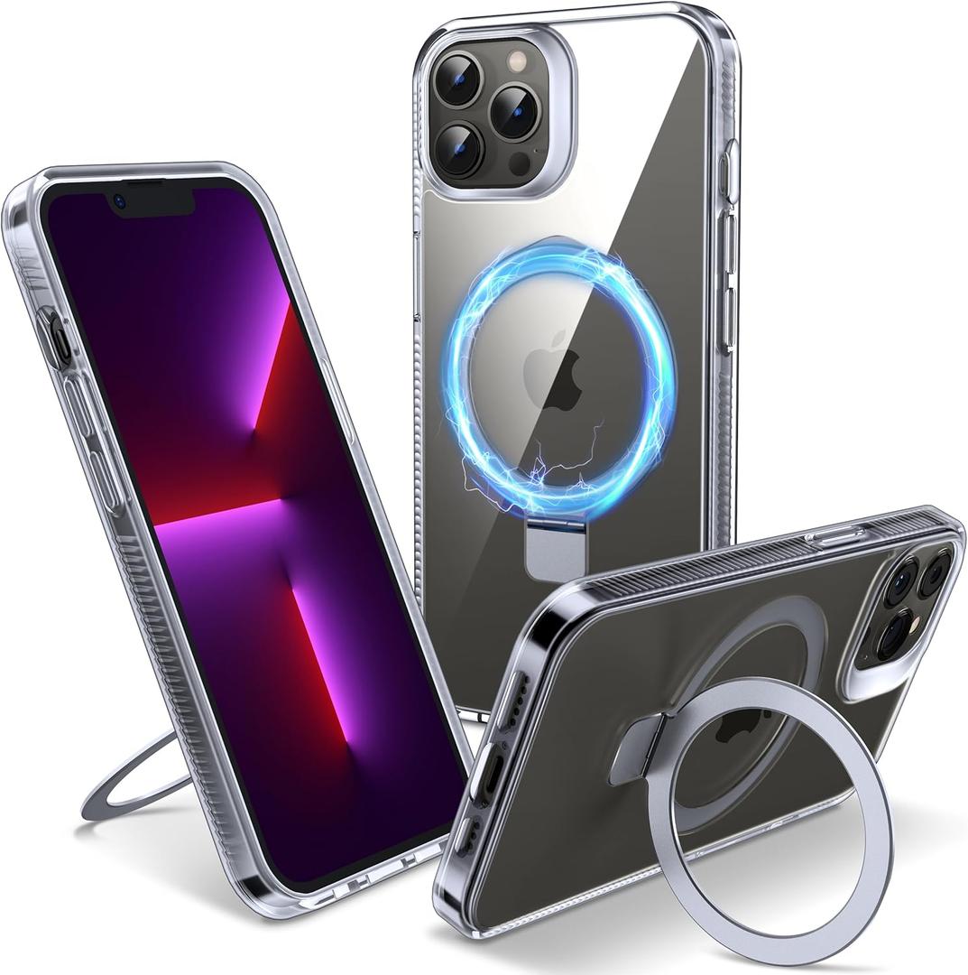 Magnetic Case for iPhone 13 Pro Max - [Built-in Invisible Stand] [Compatible with MagSafe] [Military Grade Drop Protection] Anti-Yellowing Hard Back Silicone Edge Cover, 6.7", Clear