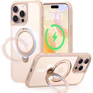 360 Spin Magnetic Stand (Pro-Version) for iPhone 16 Pro Max Case (Compatible with MagSafe) [Military Drop Protection] Matte Translucent Shockproof Protective Phone Case 6.9'', Desert Titanium