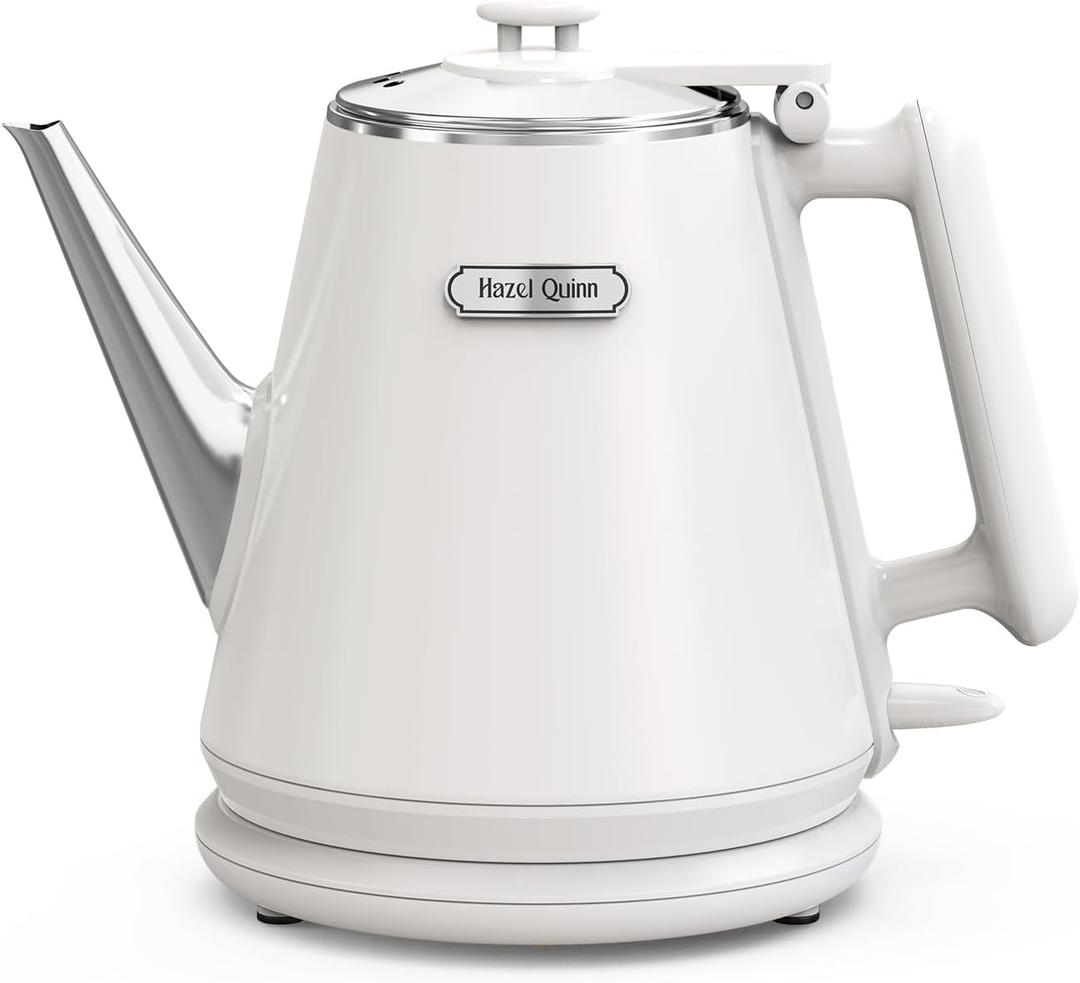 Hazel Quinn Electric Kettle  1L/34oz Small Tea Kettle, 800W Fast Boil, All 304 Stainless Steel Interior, Double Wall for Cool Touch and Thermal, Auto ShutOff, BPAFree, Cordless  Pearl White