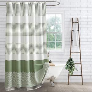 Extra Long Sage Green Shower Curtain Cotton Boho Striped Shower Curtains for Bathroom with Tassel 72" W X 84" L