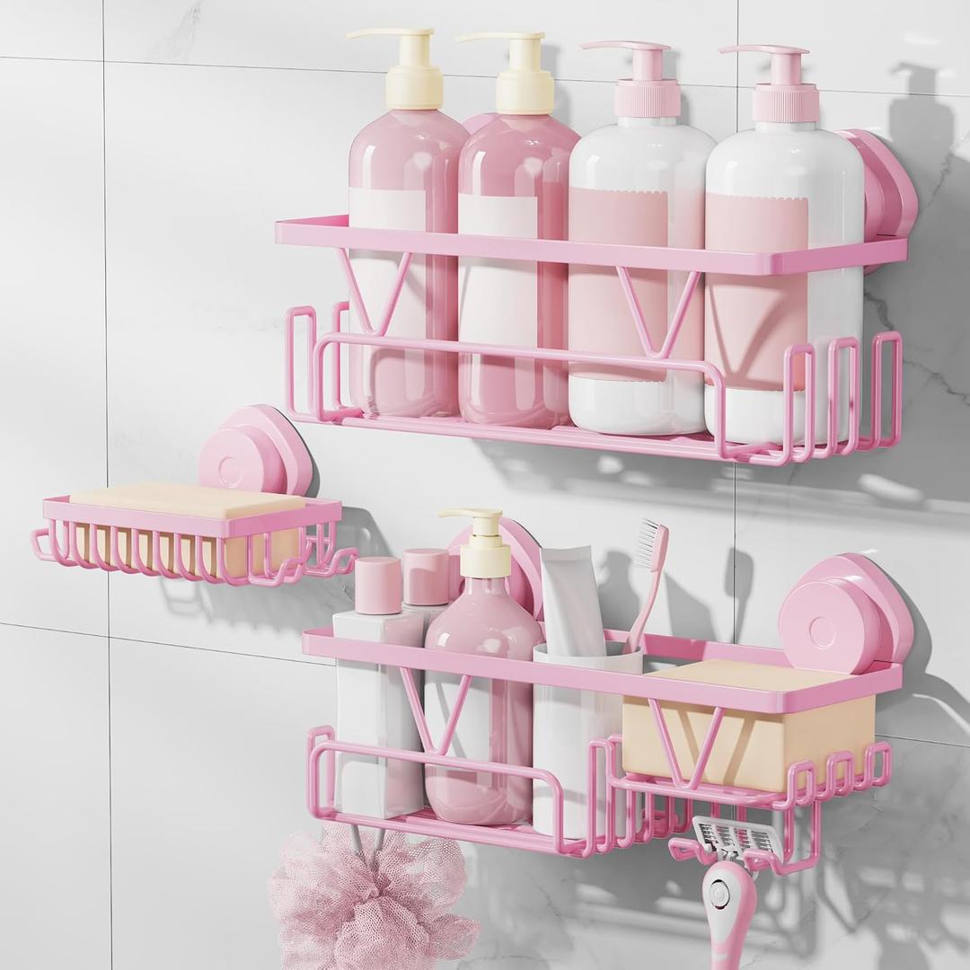 KEGII Suction Cup Shower Caddy 3 Pack Suction Cup Shelf with Soap Holder & Hooks, Rustproof Stainless Steel Shower Organizer Rack, Removable No Drilling Bathroom Storage Rack, Pink