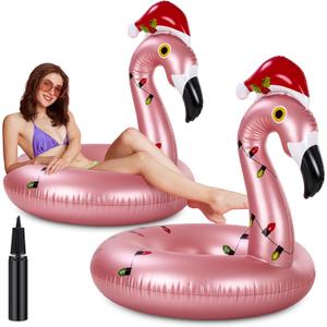 ShinyRelief 2 Pack Giant Flamingo Pool Floats 42" Christmas in July Flamingo Float with Pump Fun Inflatable Ride on Swim Tube Rings for Adults Christmas in July Summer Beach Pool Party Supplies