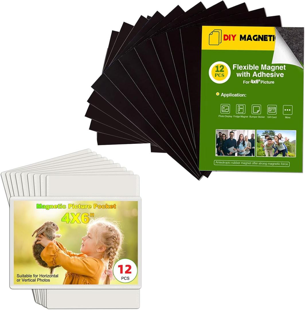 24 Pack Picture Magnets for Refrigerator,More Solution Display Your Photos-12 Pieces Picture Fridge Frames and 12 Pieces Adhesive Magnetic Sheet (4X6")