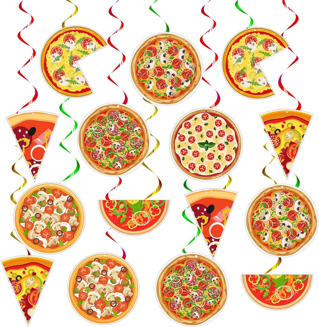 Teling 48 Pcs Pizza Party Hanging Swirls Decorations, Turtle Pizza Ceiling Streamers for Thanksgiving Day, Birthday Festival, Italian Theme Decor, Family Gathering and Classroom Party Supplies