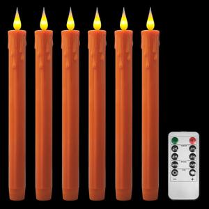 Flameless Taper Candles -10 inch 6 Pack Orange Candle Sticks with 3D Flickering Effect & 10-Key Remote, Realistic Battery Operated Candlesticks for Christmas Decor, Weddings, Halloween, Home Decor