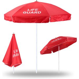 Dansydaisy 1 Pcs Red Lifeguard Beach Umbrella for Sand, 6.6ft Tilt Large Portable Sand Anchor Beach Umbrella UV Protection Adjustable Pole Outdoor Sunshade for Pool Patio