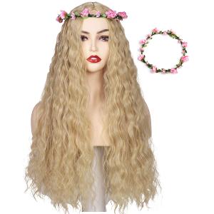 ColorGround Long Blonde Fluffy Cosplay Wig with Pink Flower Headband for Women