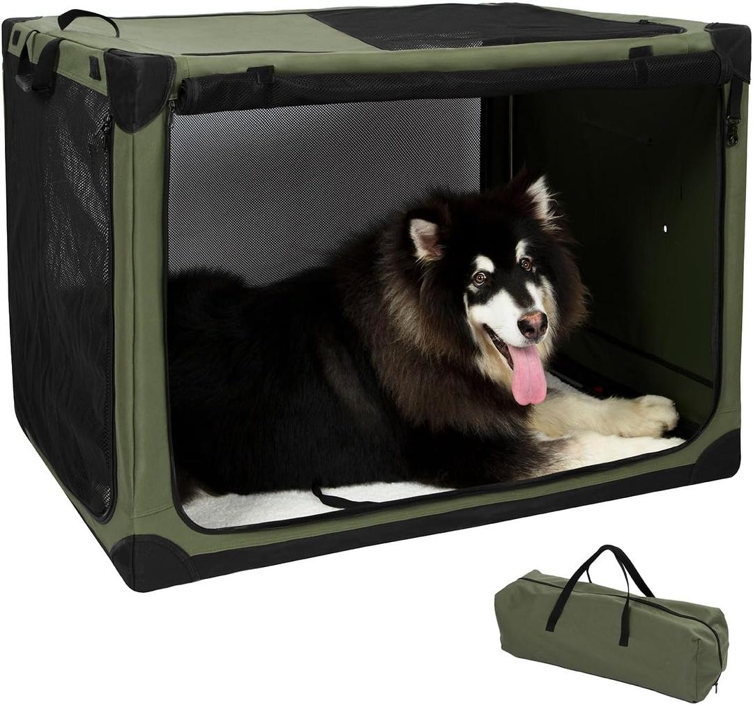 Pettycare Portable Travel Dog Crate 4-Door Soft Sided 42 Inch Collapsible Dog Crate with Curtains Durable Mesh Foldable Pet Kennel Soft Crates for Large Dogs Indoor & Outdoor Olive Green (42.0"L x 31.0"W x 31.0"H)