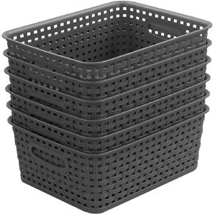 Grey Plastic Woven Storage Basket, 6-Pack Weave Gray Basket Organizer for Kitchen Office Bathroom