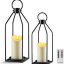 Homemory Modern Farmhouse Lantern Decor with Waterproof Flameless Candle & Remote Timer, 2PCS Black Metal Candle Lantern Decorative for Outdoor Indoor Home Living Room Patio Porch Table