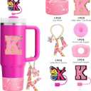 2 x 7PCS Stanley Cup Accessories Set - Pink Tumbler Initials Decorations for 30oz 40oz, Includes Bow Straw Topper, Handle Charm, Letter Sticker, Silicone Boot, Spill Proof Stopper (Letter A-Z)