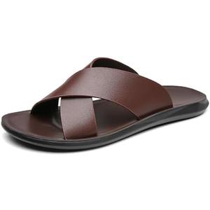 Men's Leather Slip On Slides Sandals Comfortable Lightweight Open Toe Anti-Slip Flat Summer Casual Slippers Indoor Outdoor Walking Beach Sandals (12, Brown)