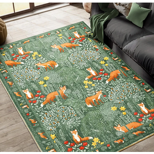 Cute Aesthetic Bedroom Rug, Ultra Thin Vintage Abstract 8x10 Carpet Washable, Boho Floral Botanical Area Rug for Living Room Entryway Kitchen Dorm, Green Woodland Forest Nature Kids Rug Nursery Carpet