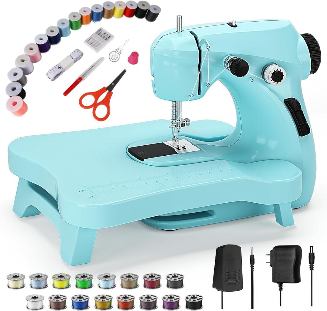 Mini Sewing Machine, Portable with Extension Table & Sewing Kit, Dual Speed Control, Built-in Light, Ideal for Beginners & Quick Household Repairs, Blue