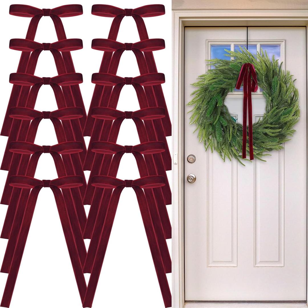24 Pcs Velvet Bows Christmas Tree Ornaments Vintage Velvet Ribbon Bows for Tree Garland Wreath Indoor Xmas Decorations(9 x 13 Inch, Width of 5/8",Burgundy)