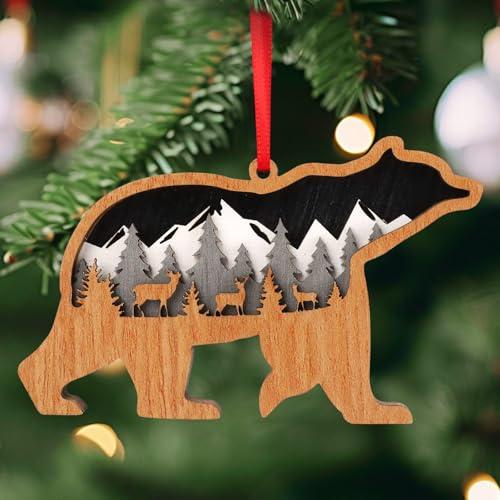 Adecortalk Christmas Bear Ornaments Wooden Bear Hanging Christmas Tree Ornament Decorations Winter Wooden Bear Lover Gifts for Women Men Xmas Tree Bear Lover Indoor Home Office Xmas Holiday Decor