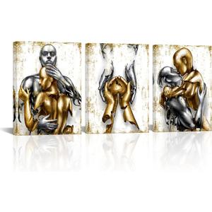 Visual Art Decor Black and Gold Love Decor Grey & Gold Hugging Couple Bedroom Wall Decor Picture Art Prints Framed Canvas Print (White, 12x16inchx3 Pieces)
