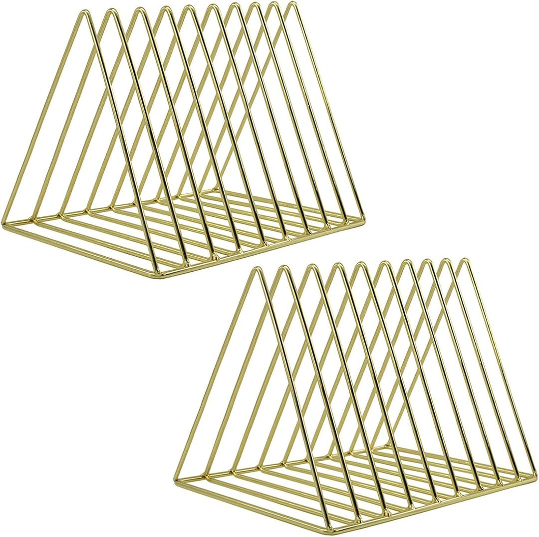 EASEPRES 9 Slot Magazine Rack Book Record Holder, Desktop Iron Storage Rack Bookshelf Multifunction Triangle File Organizer Sorter for Decor Home Office, Golden Pack of 2