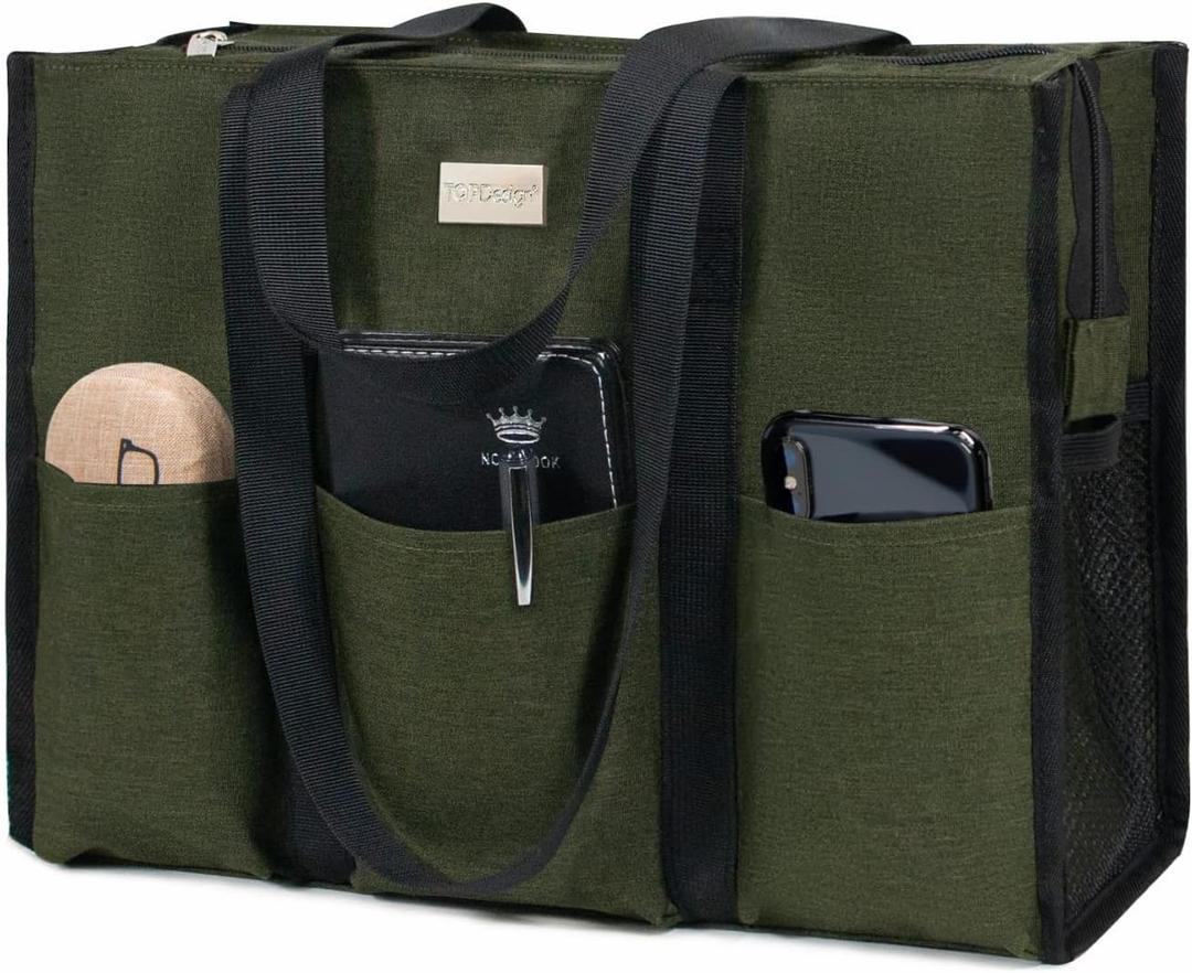 TOPDesign Utility Water Resistant Tote Bag with 13 Pockets, Top Zipper Closure & Thick Bottom Support, for Working Women (Large, Green)