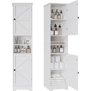 Viaozutis Tall Bathroom Storage Cabinet, Vertical Freestanding Organizer with Adjustable Shelf, Slim Design for Small Bathrooms, Towels & Toiletries StorageWhite