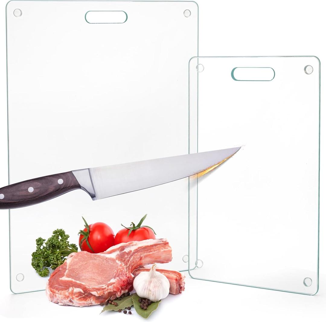 Okllen Set of 2 Tempered Glass Cutting Board for Kitchen, Non Toxic Clear Glass Chopping Boards with Non-Slip Mats, Easy to Clean, 16x12 & 12x8 inch