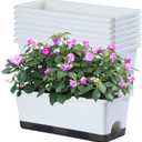 Window Box Planter 8 Pcs, 17 Inches Rectangle Flower Pots with Drainage Holes and Trays, Vegetable Planters for Windowsill Patio Garden Balcony Home Porch Yard Indoor Outdoor (White)