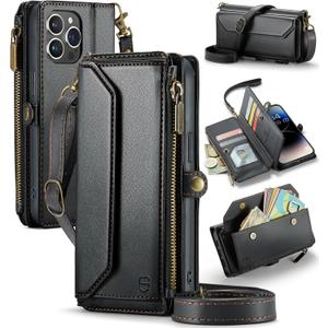 Wallet Case Compatible with iPhone 14 Pro RFID Blocking 7-Card Holder Soft PU Leather Magnetic Snap Shoulder Strap Zipper Pocket Phone Case Fit for iPhone 14 Pro 6.1" - Black