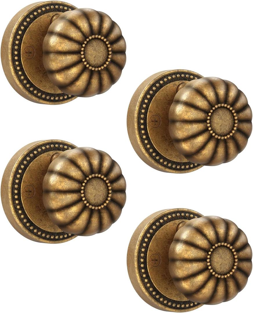 Asidrama 4 Pack Antique Brass Privacy Door Knobs with Lock, Vintage Door Handles with Antique Brass Door Knobs Interior for Bedroom or Bathroom, Heavy Duty Door Lever for Left Right Sided Doors 211