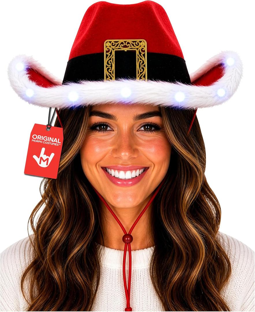 Nicky Bigs Novelties Morph Adult Light Up Santa Claus Christmas Cowboy Hat - Light Up LED Lights Cowgirl Hats - Holiday Western Costume Accessory, Red White, One Size