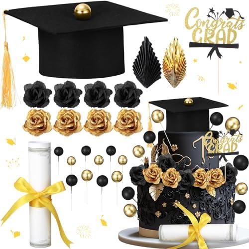 Jingmore Graduation Cake Kit Included Felt Graduation Cap Diploma Classic Black Congrats Grad Cupcake Toppers Beads Leaf Flowers Cake Decorations for Class of 2025 Graduation Party(Black and Gold)