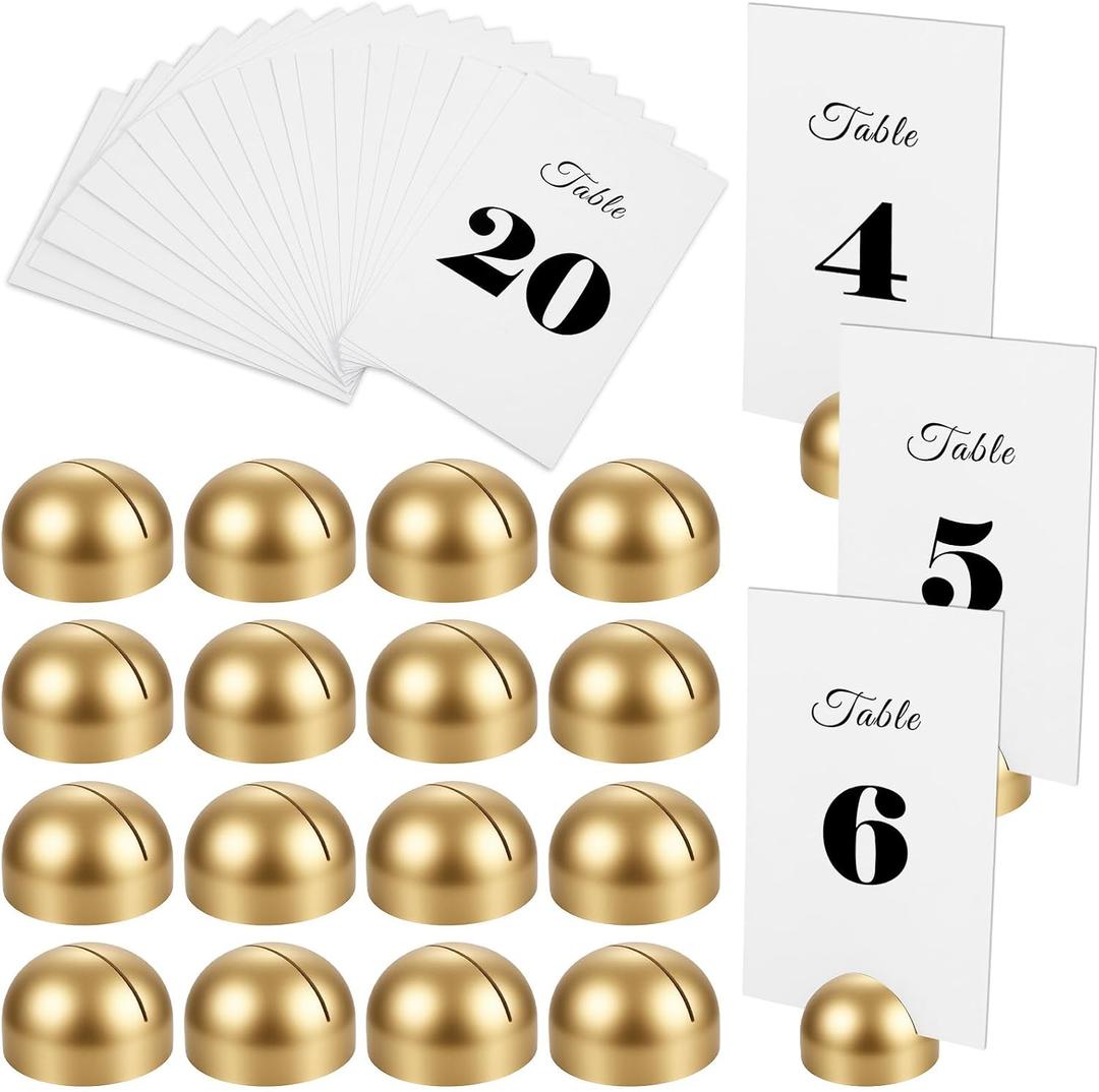 20 Pcs Round Table Number Cards Stands Modern Cursive Place Number 1-20 Gold Wooden Card Holders for Wedding Reception, Anniversary, Restaurant Events, Birthday Banquet, 4x6 Inches