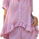 Womens 2 Piece Ruffle Pajama Set Gingham Pjs Short Sleeve Babydoll Shirt and Shorts Plaid Summer Outfits (Medium)