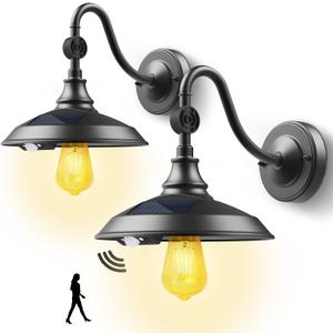 SIEDiNLAR Solar Barn Light Outdoor with 3 Modes, Aluminum Vintage Farmhouse Gooseneck Wall Light Waterproof Motion Sensor for Barn Shed Garage Porch Chicken Coop Black (2 Pack)