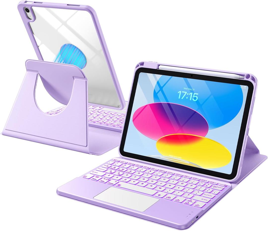 Harvopu for iPad 10th/11th Generation A16 Case with Keyboard, 360 Rotation Detachable Cover with Pencil Holder, Multi-Touch Trackpad, 7 Colors Backlit Keyboard for iPad (A16)/10th Gen (Light Purple)