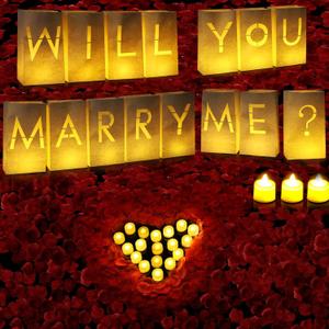 Lanties 2230 Pcs Wedding Proposal Decorations Will You Marry Me Lighted Letters Sign Red Artificial Rose Petal Luminary Paper Bags Flameless LED Candle Tealight for Romantic Night